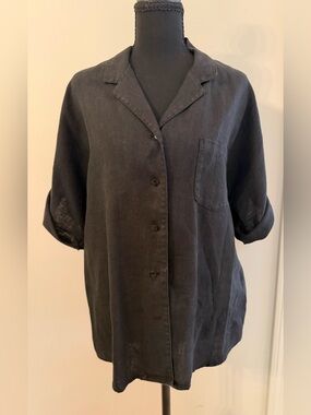 VTG Chicos Design 100% Linen Black Lagenlook Button-Front Blouse with Pocket M
